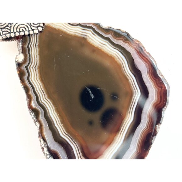Brown & White Banded Sliced Agate Geode Crystal Large Silver T Vintage Pendant - Picture 5 of 16